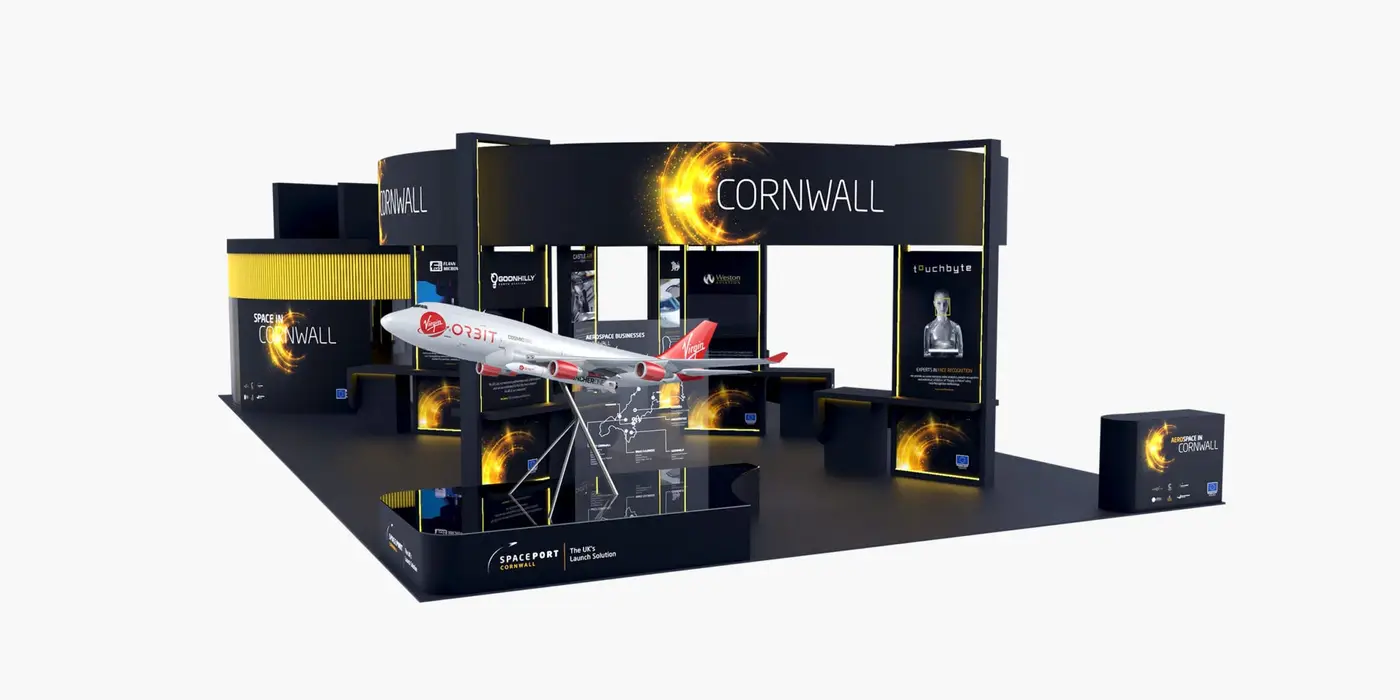 Complete 3D render of the Aerospace Cornwall Event stand with large Virgin Orbit 747 Cosmic Girl aircraft model included