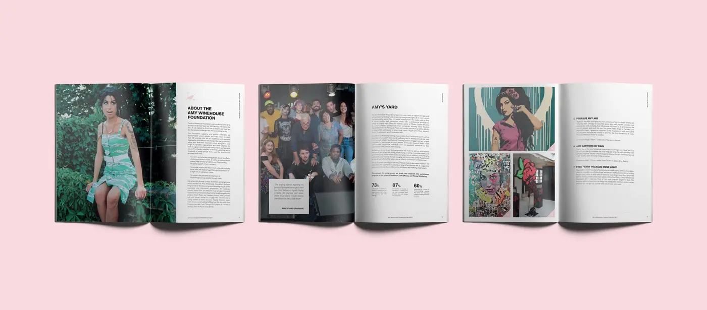 Three open programmes showing the brochure design for the Amy Winehouse Foundation Gala event
