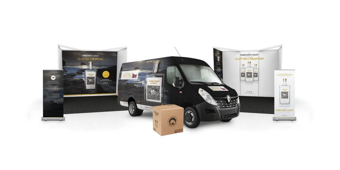 The Wrecking Coast Distillery Printed Branded Items 2560x1280 Two branded exhibition stands with roll-up banners, branded van livery and cardboard packaging design.