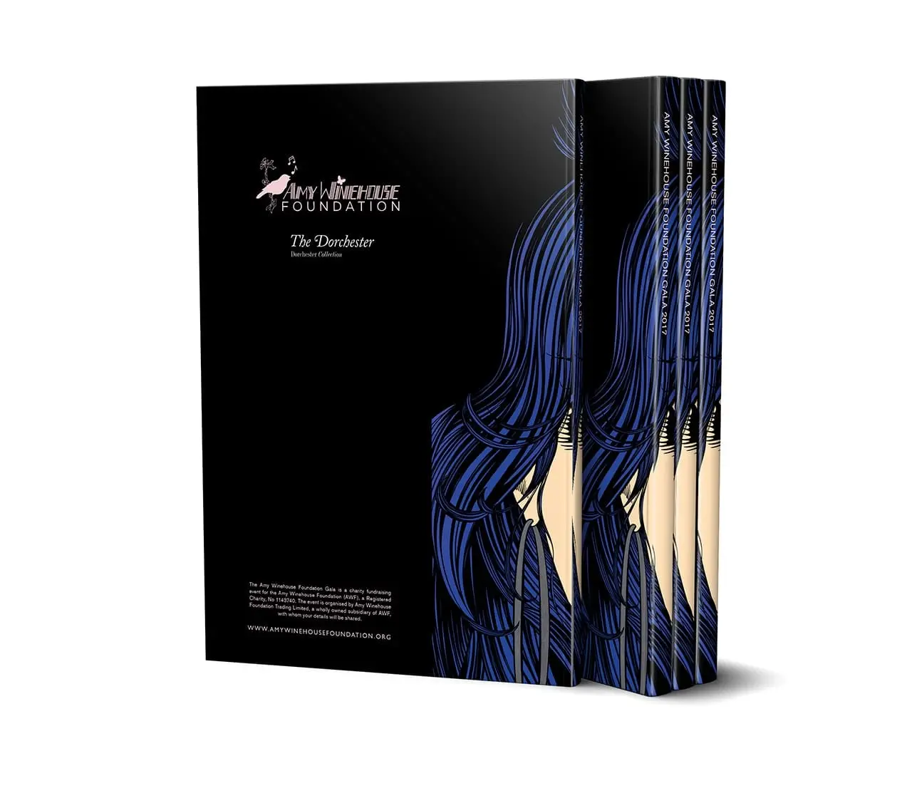 Image of four standing brochures for the Amy Winehouse Foundation Gala Event, showing the rear covers only