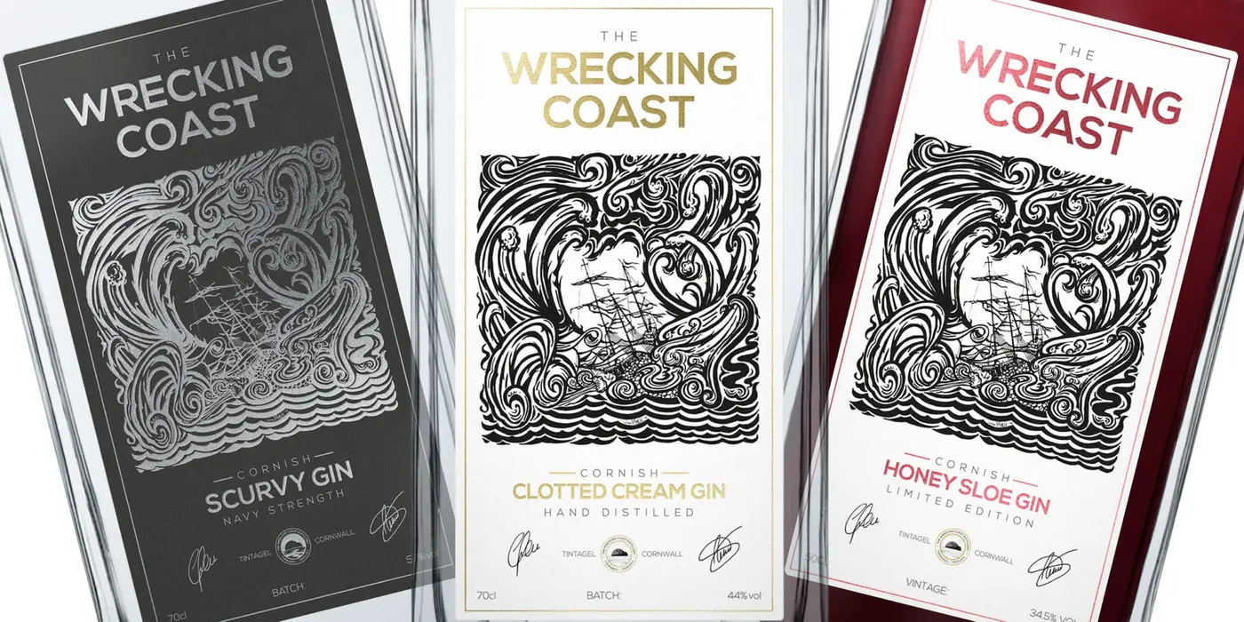 The Wrecking Coast Distillery Product Label Design 2560x1280 Close-up of The Scurvy Gin, Clotted Cream Gin and Sloe Gin spirit label designs