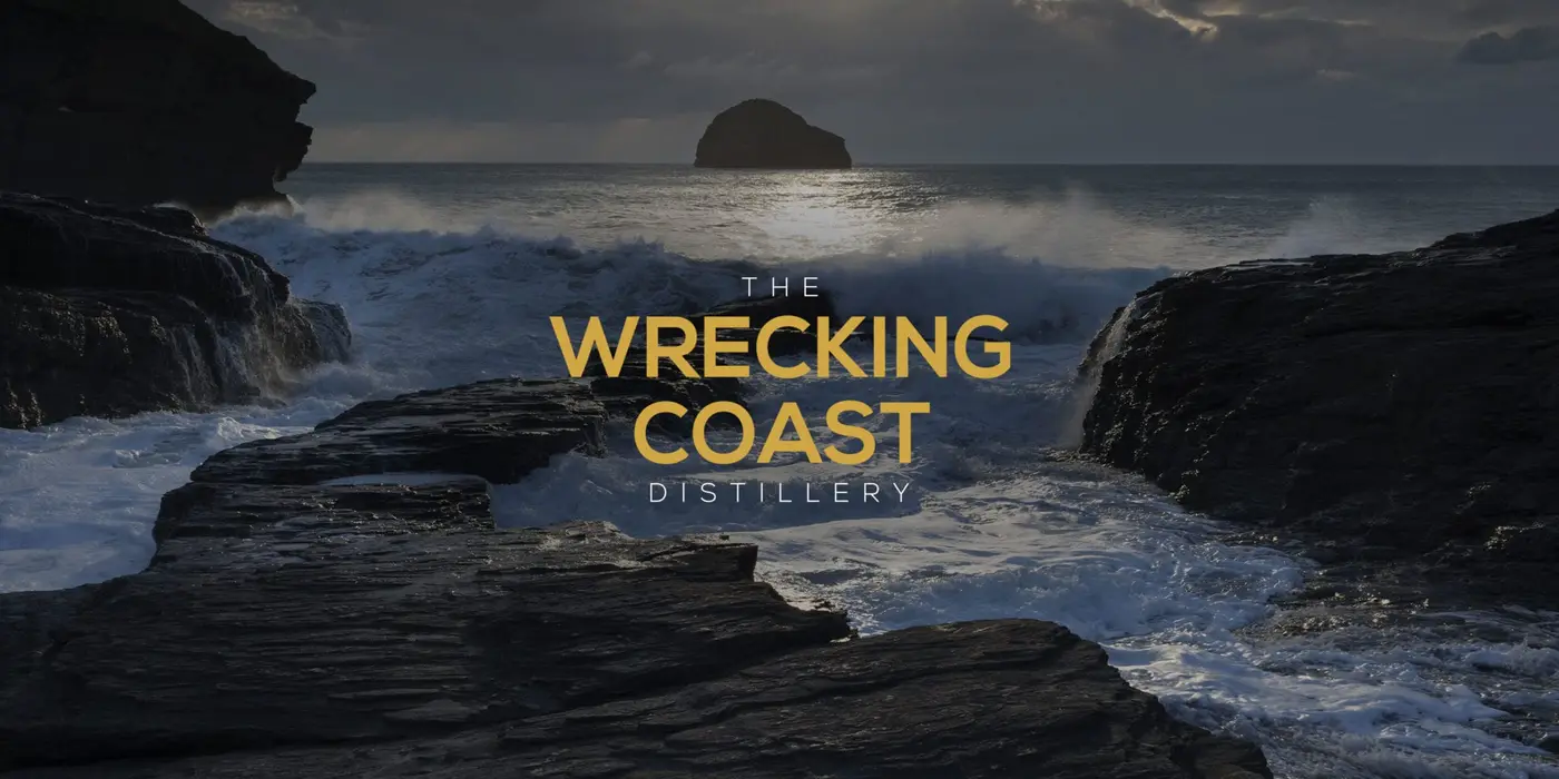 The Wrecking Coast Distillery Brand Design 2560x1280 The Wrecking Coast identity on a branded image of gull rock from the Cornish coast