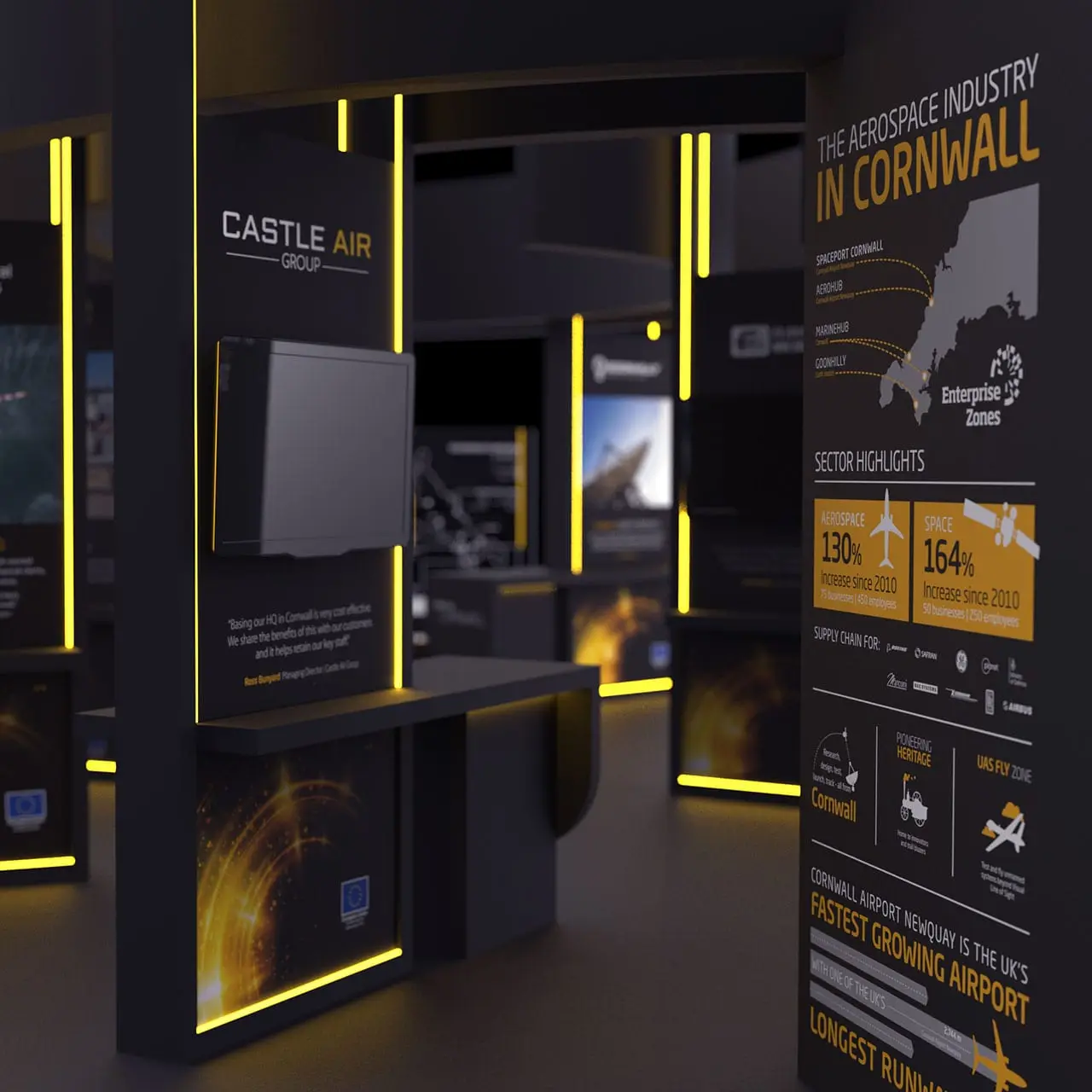 3D render of the interior design of the exhibition stand for Aerospace and Spaceport Cornwall