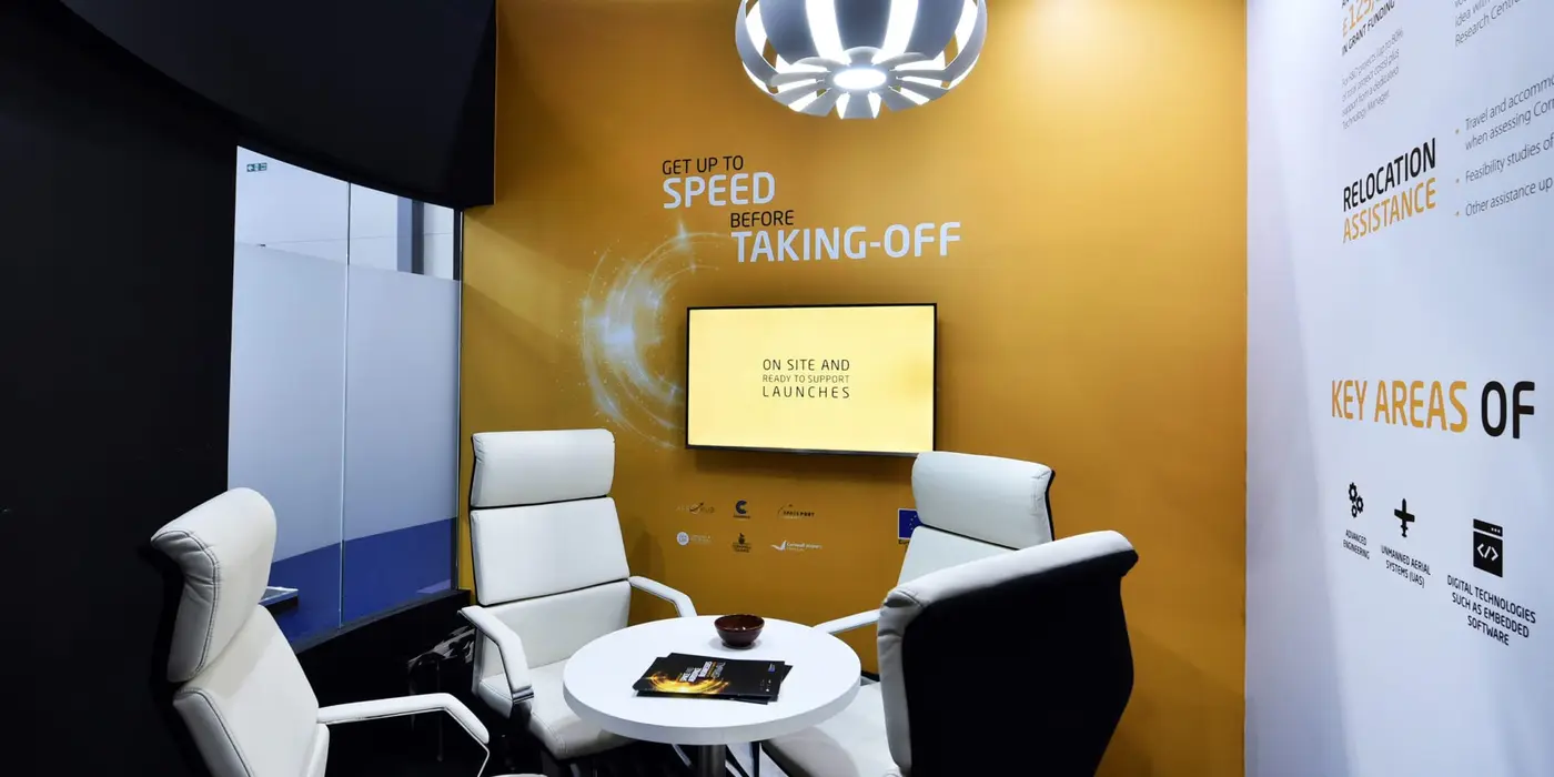 Interior meeting room branding and design Aerospace Cornwall stand at Farnborough International Airshow