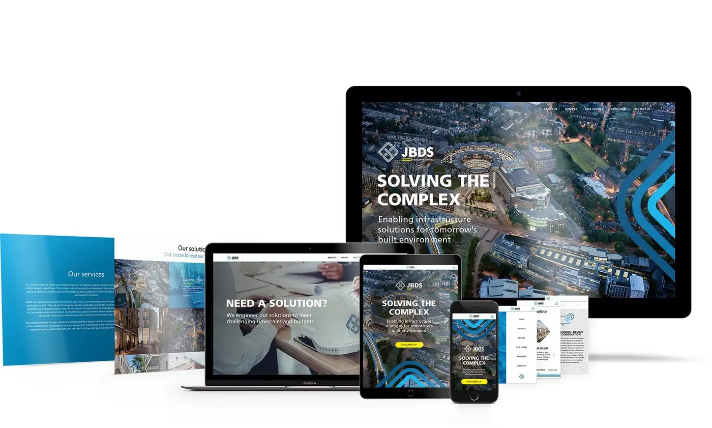 Various screens and pages showing the finished website design and build for a construction company in London.