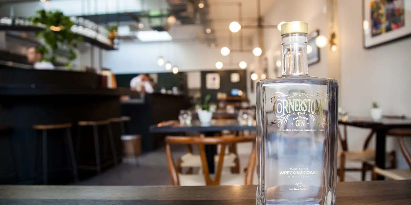 A photograph of the Cornerstone gin bottle in Cornerstone Hackney Wick London