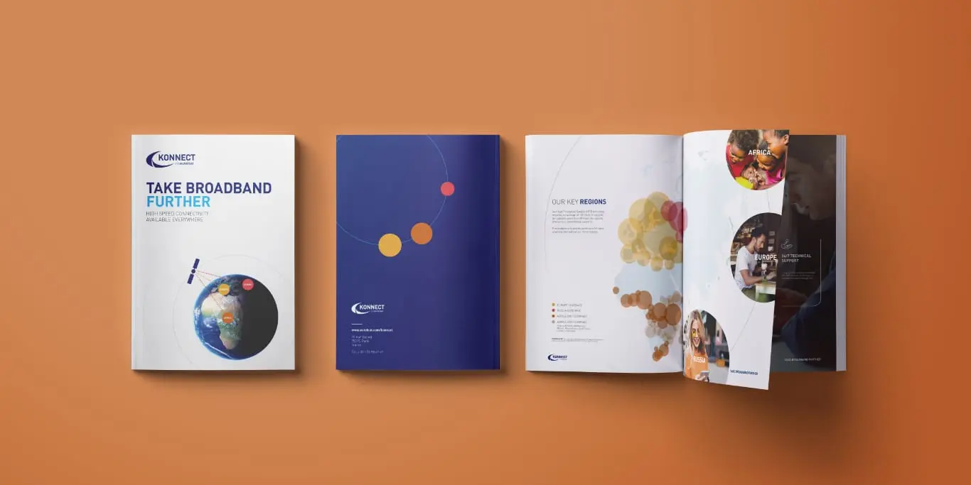 Konnect Brochure design for the Mobile World Congress, image from above showing front cover design and inside spread