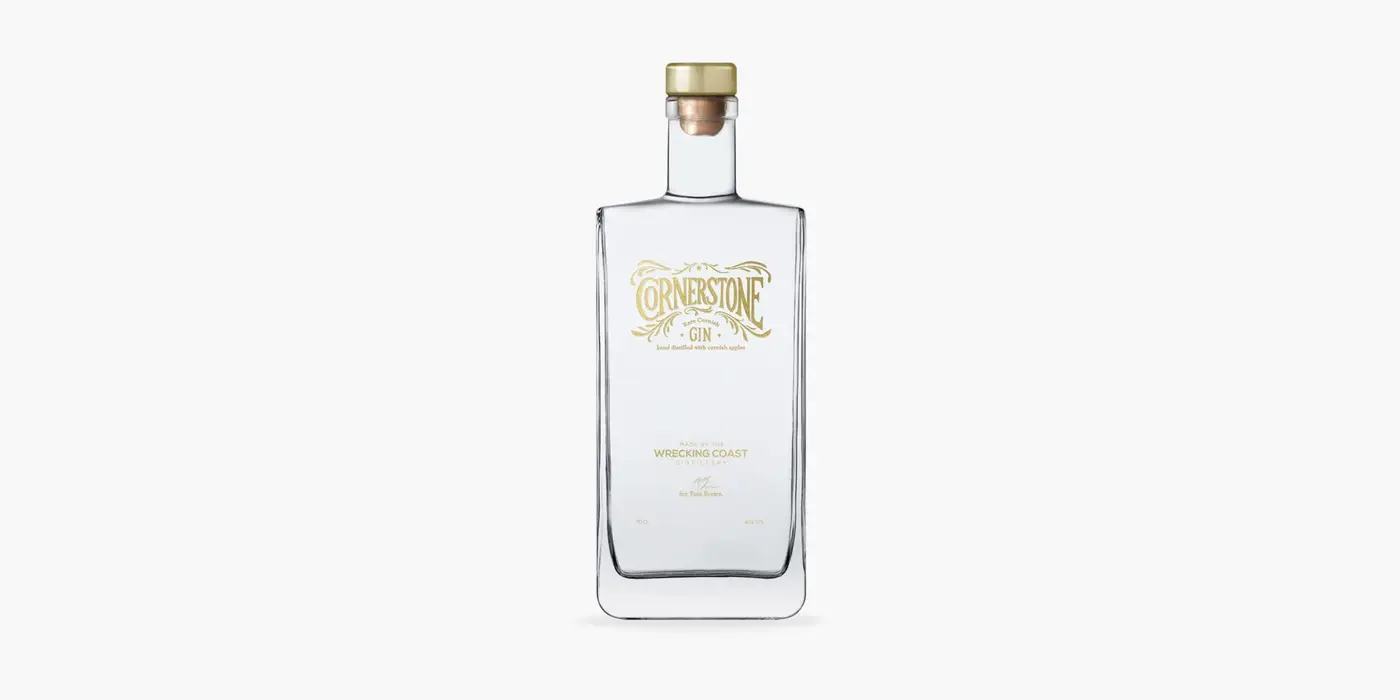 A simple pack shot of the Cornerstone gin bottle and label design