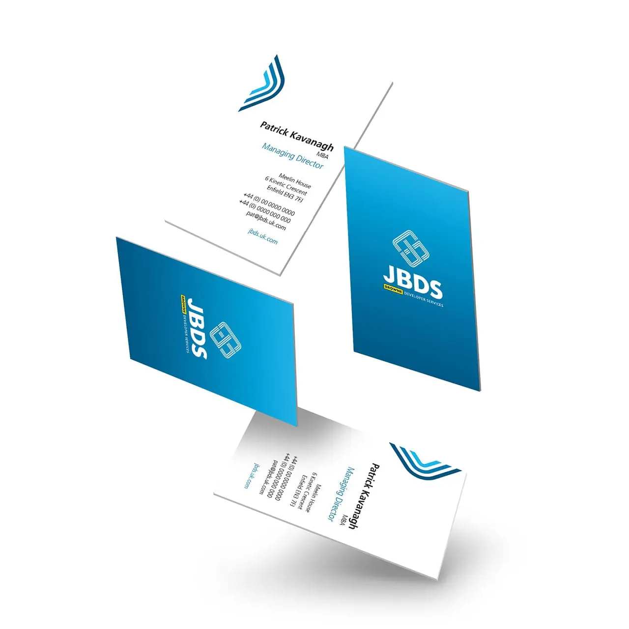 Four business card designs for construction company falling through the air