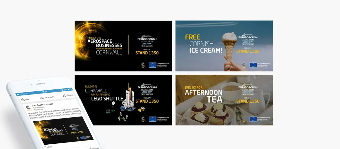 Four branded social media post designs with one design mocked-up on an apple mobile device