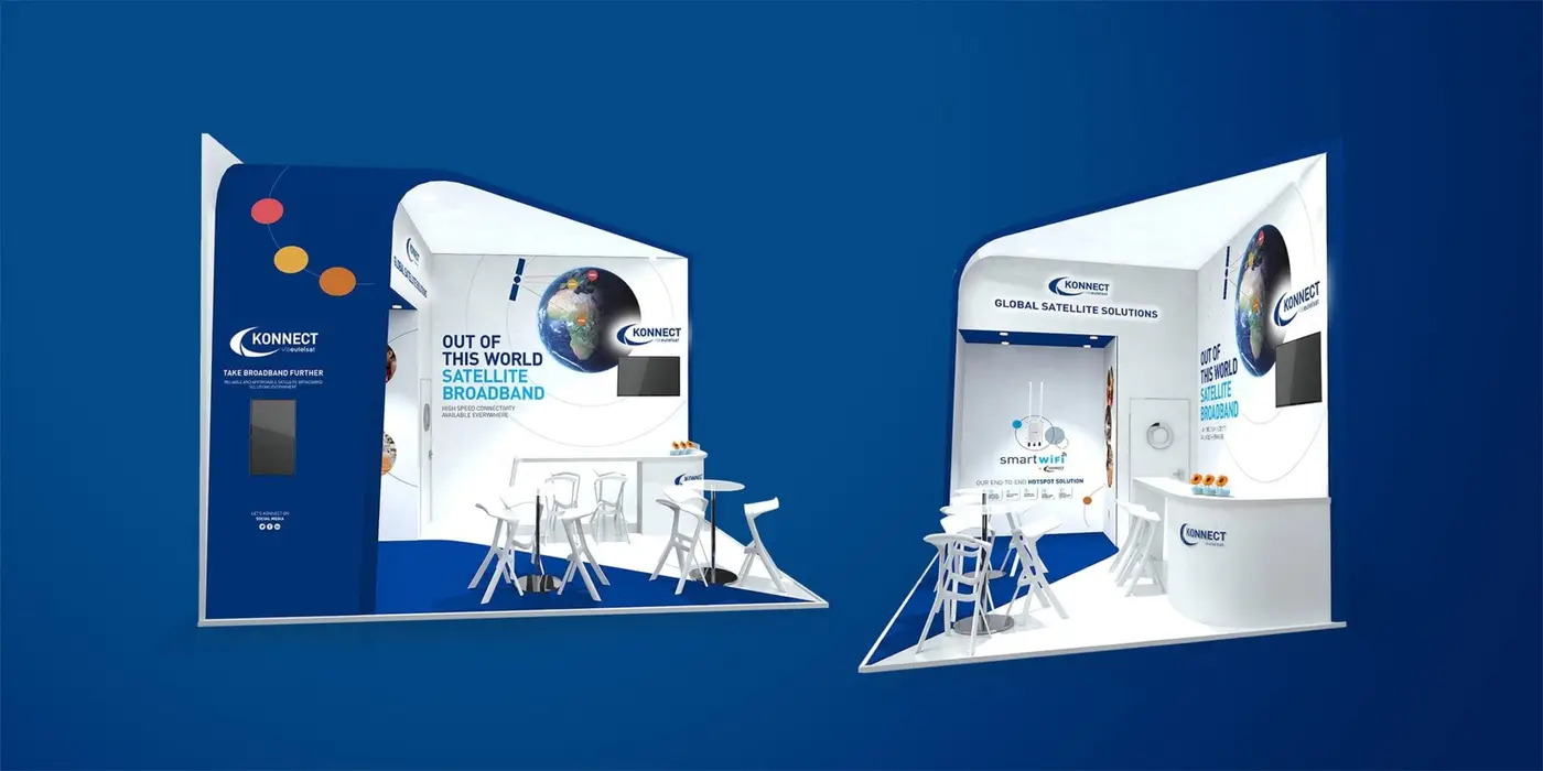Konnect 3d render of the exhibition stand design from two perspectives on a blue background