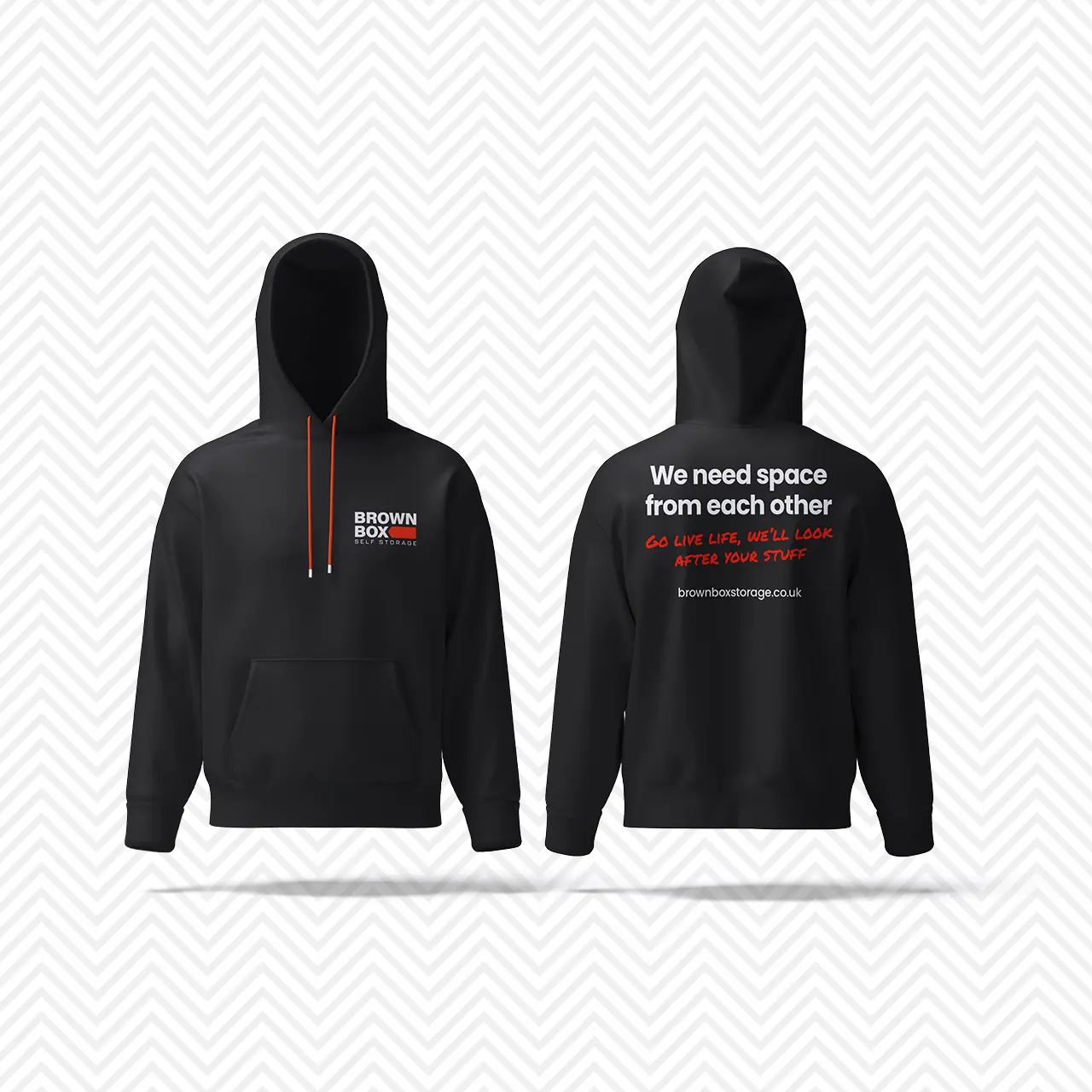 A mock-up example of a black hoodie branded with brown box storage logo and clever copywriting.