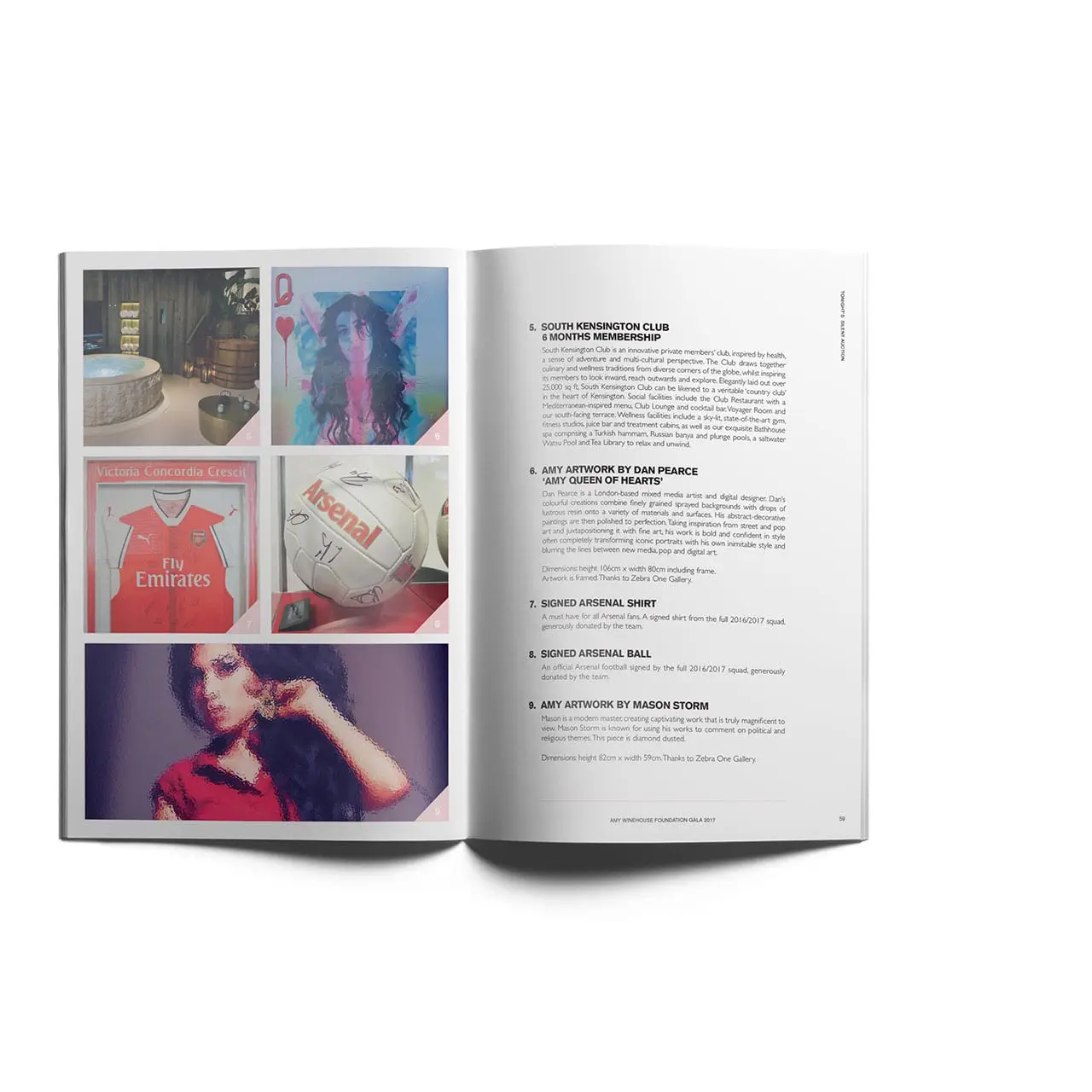 Image of the auction page designs in the Amy Winehouse Foundation Gala event programme.
