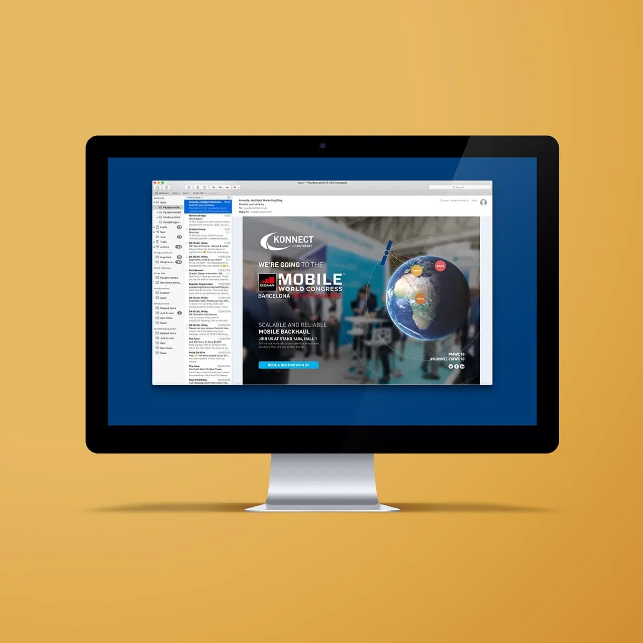 Konnect email campaign visual on iMac screen for the Mobile World Congress exhibition
