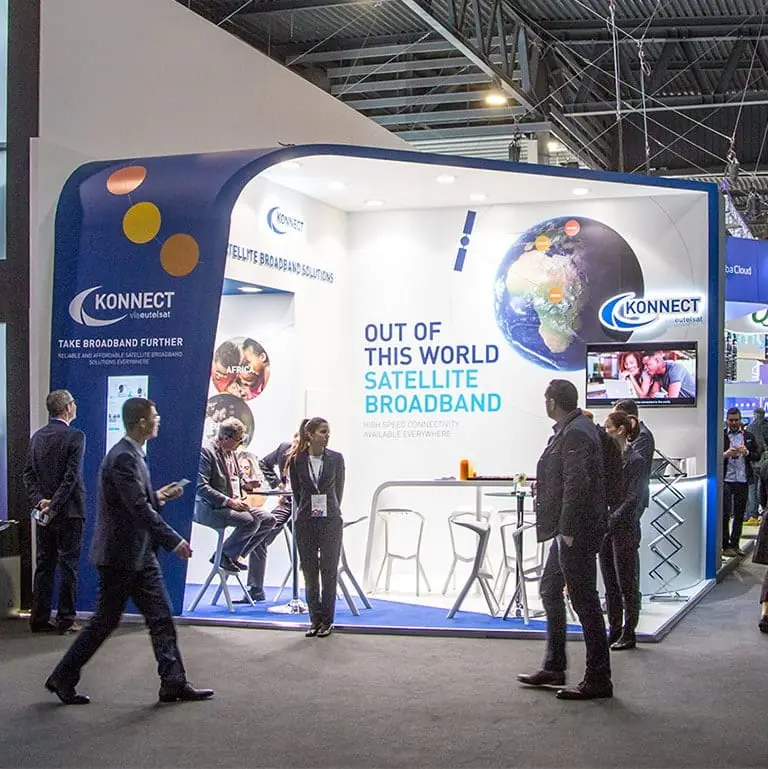 A photograph of the exhibition stand design at the Mobile World Congress exhibition